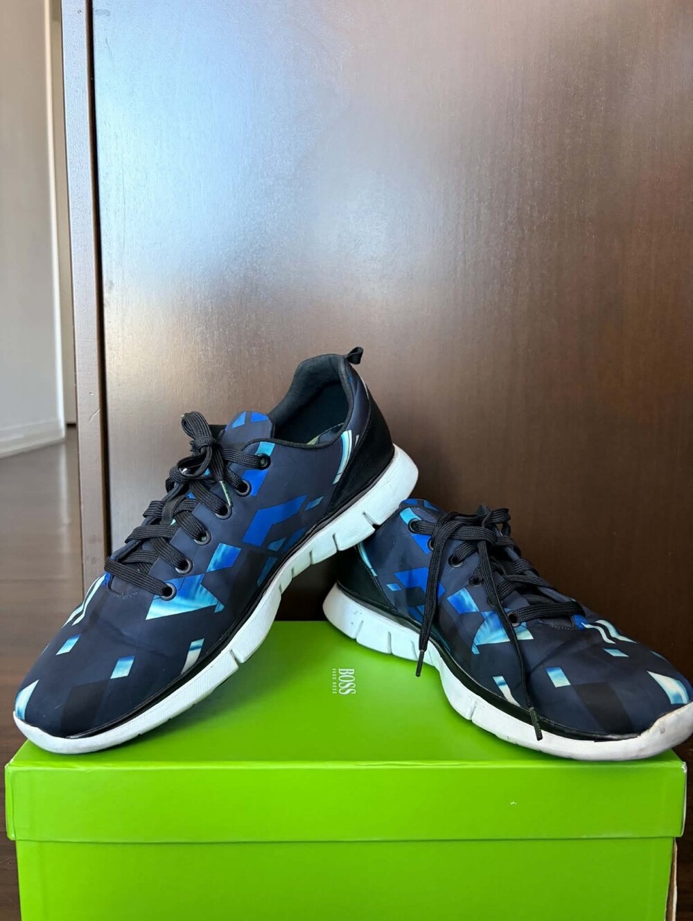 Hugo Boss Blue Geometric Lace-Up Sneaker with Black Accents